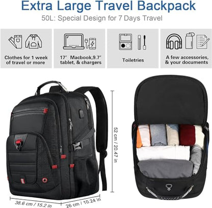 Z-MGKISS Extra Large Travel Backpack, TSA Backpack 17.3 Inch, 50L Anti Theft 17 Inch Big Business Laptop Backpack for Men & Women, Water Resistant College Rucksack Bag with USB Port, Black