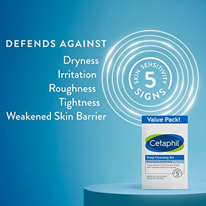 Cetaphil Bar Soap, Deep Cleansing Face and Body Bar, Pack of 6, For Dry to Normal, Sensitive Skin, Soap Free, Hypoallergenic, Paraben Free, Fragrance Free, Removes Makeup, Dirt and Oil