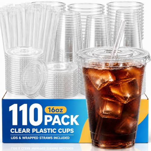 110 Pack 16 oz Disposable Plastic Cups with Lids