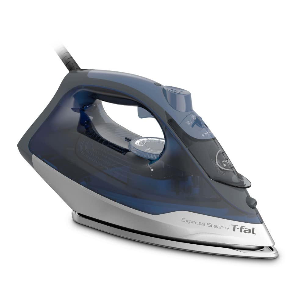 T-fal, Iron, Express Steam Iron for Clothes, Durilium Soleplate, Precision Tip, 30 Second Auto Shut Off, 1600 Watts, Anti-Drip, Ironing, Blue Clothes Iron, FV2886U0