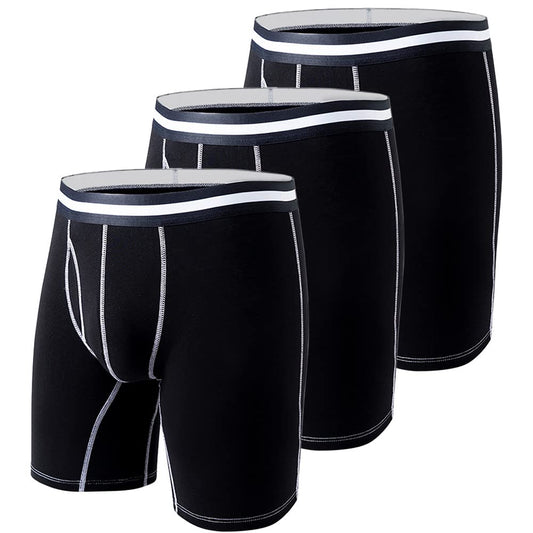 Men's Long Leg Boxer Briefs Cotton Underwear with Fly Pouch, 3-Pack (Black, Small)