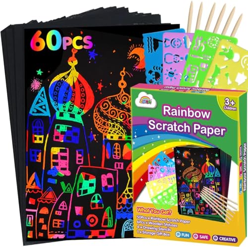 60 Pack Scratch Art Paper Kit for Kids