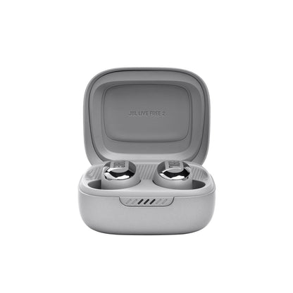 JBL Live Free 2 - True Wireless Noise Cancelling Earbuds, Up to 35hrs of Playtime, 6 mics for Perfect Calls with Zero Noise, IPX5 Waterproof, Oval Tubes for Better Comfort, Isolation, & bass (Silver)