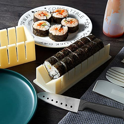 HI NINGER Sushi Making Kit- All In One Sushi Set 10 Piece Plastic Sushi Maker Tool with 8 Different Shapes of Sushi Rice Roll Mold Shapes Fork Spatula DIY home Sushi Tools- Off-white