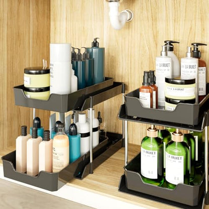 2 Pack Black Under Sink Organizer, Multi-Purpose kitchen and Bathroom organization,Pull Out Drawers Organizer,pantry organizersalso used for countertop,makeup and medicine cabinet storage.