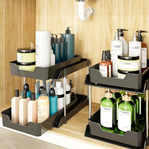 2 Pack Black Under Sink Organizer, Multi-Purpose kitchen and Bathroom organization,Pull Out Drawers Organizer,pantry organizersalso used for countertop,makeup and medicine cabinet storage.