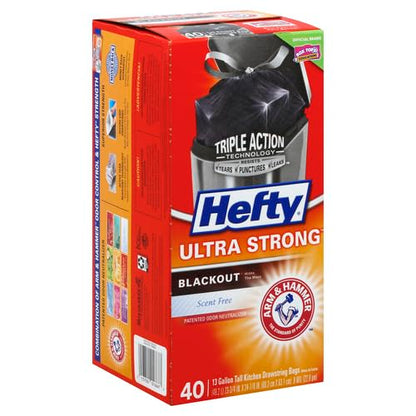 Hefty Ultra Strong Tall Kitchen Trash Bags, Blackout, Unscented, 13 Gallon, 40 Count