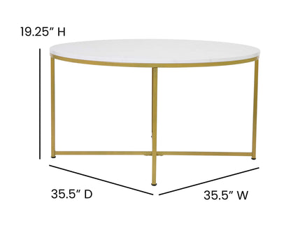 Flash Furniture Hampstead Collection Coffee Table - Modern White Marble Finish Coffee Table - Crisscross Brushed Gold Frame