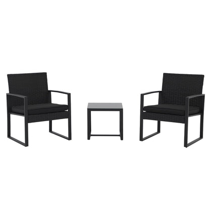 JOIVI 3 Pieces Patio Bistro Set, PE Wicker Outdoor Patio Furniture Set, Modern Rattan Patio Chairs with Coffee Table, Patio Conversation Sets for Balcony, Front Porch, Garden, Poolside, Black Cushions