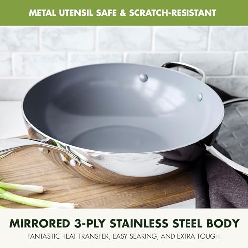 GreenPan 12" Tri-Ply Stainless Steel Wok with Lid