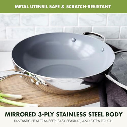 GreenPan 12" Tri-Ply Stainless Steel Wok with Lid