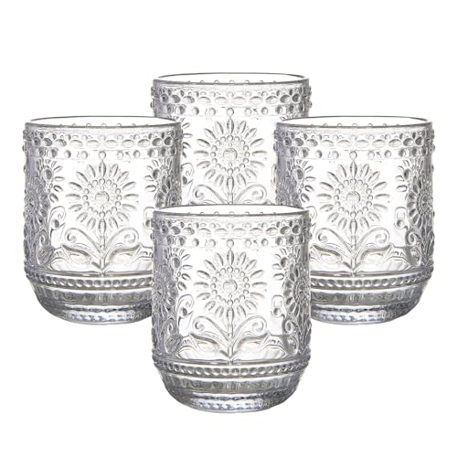 4 Pack Vintage Embossed Glass Drinking Tumblers 12 Oz
