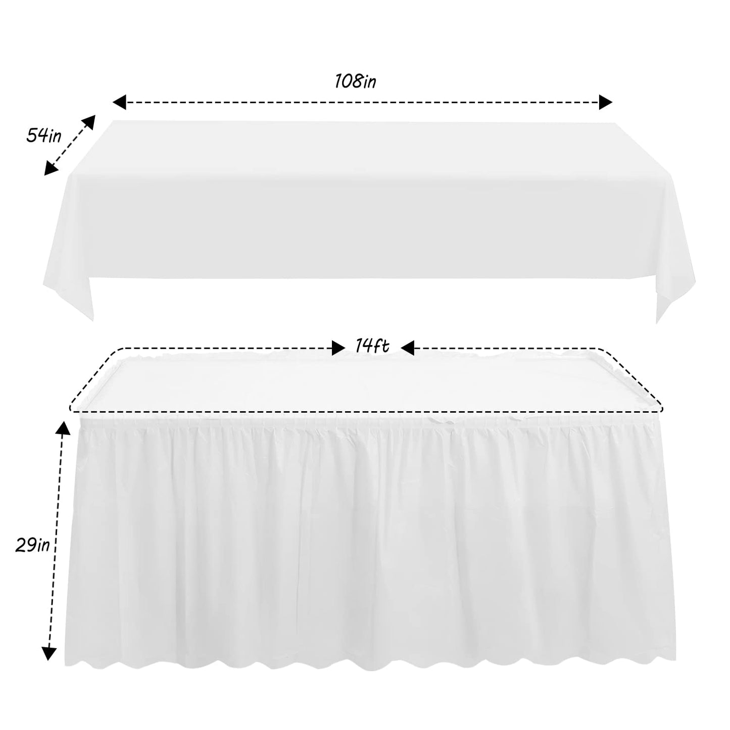 JHDZDHY 3 Packs 54x108inch Plastic Tablecloth and 3 Packs 14FT Plastic Table Skirt,Disposable Rectangle Tablecloth Set Disposable Table Covers for Wedding, Party, Baby Shower (White)