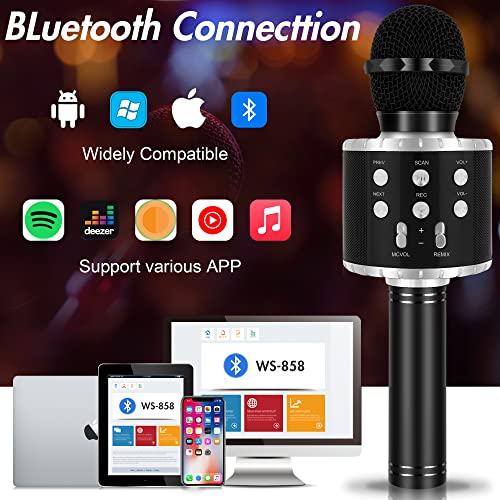 Winique Karaoke Microphone for Kids with Bluetooth & LED Lights - 5 in 1 Fun Toys Home KTV Birthday Party Player - Christmas Stocking Stuffers for Girls, Boys, and Teens （Black）