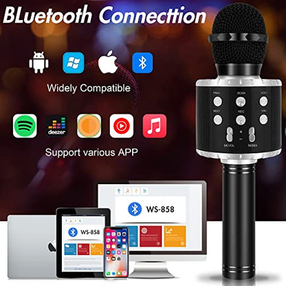 Winique Karaoke Microphone for Kids with Bluetooth & LED Lights - 5 in 1 Fun Toys Home KTV Birthday Party Player - Christmas Stocking Stuffers for Girls, Boys, and Teens （Black）