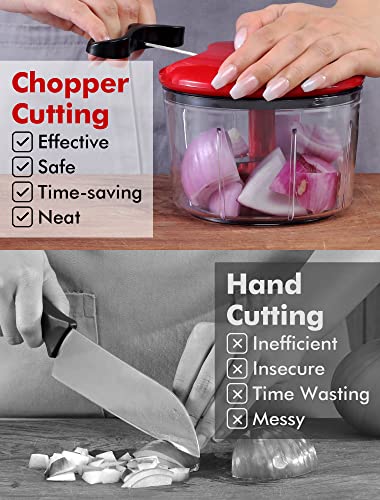 Food Chopper, Pull Onion Chopper Dicer, Hand Powered Food Chopper, Fast Cutting Hand Chopper Mincer for Oinon, Garlic, Nut, 3.4 Cups 0.8L, Red