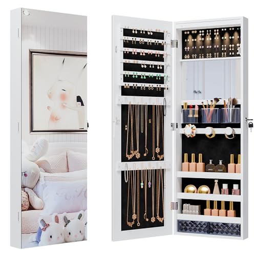LED Lockable Wall Mounted Mirror Jewelry Cabinet