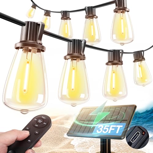 35FT Solar Dimmable Outdoor String Lights with Remote