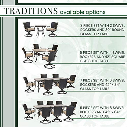 Hanover Traditions 5-Piece Outdoor Dining Set, All-Weather Patio Dining Set for 4 with Cushioned Wicker Back Cast Aluminum Swivel Rocker Chairs and 42" Glass-Top Table for Patio, Backyard, Deck, Porch
