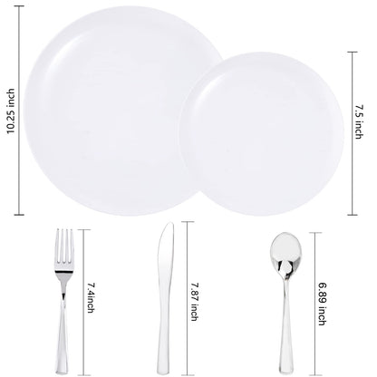 UPDATE: DEAD ❗ YOUBET 150 PCS White Plastic Plates & Silver Plastic Silverware-White and Silver Plastic Dinnerware include 30White Dinner Plates, 30 White Plates, 30Silver Cutlery Perfect for Wedding Party