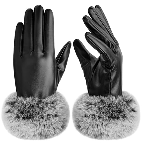 Touchscreen Faux Leather Winter Gloves with Fur Cuff