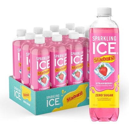 Sparkling Ice STARBURST Strawberry, Zero Sugar Flavored Sparkling Water, with Vitamins and Antioxidants, Low Calorie Beverage, 17 fl oz Bottles (Pack of 12)