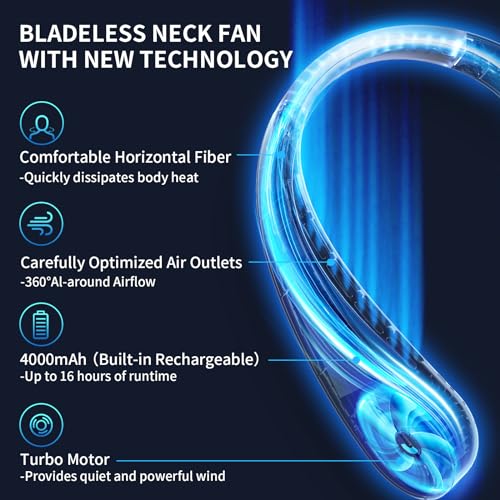 Prubensic Portable Neck Fan, Hands Free Bladeless Personal Fan, 4000mAh Battery USB Rechargeable, 360° Fast Cooling, Ultra Quiet, Travel Essentials, Suit Home Office Sports, Gifts for Women Men White