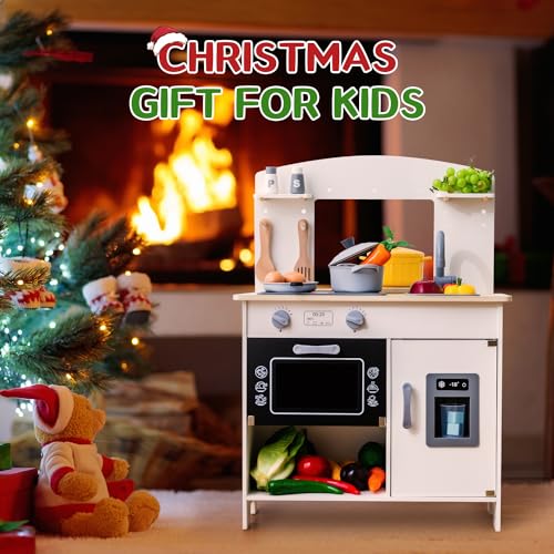 deli Kids Kitchen Playset, Wooden Play Kitchen Set for Toddlers, Toy Kitchen with Realistic Lights&Sounds, Stove, Oven, Ice Maker, Faucet, Sink