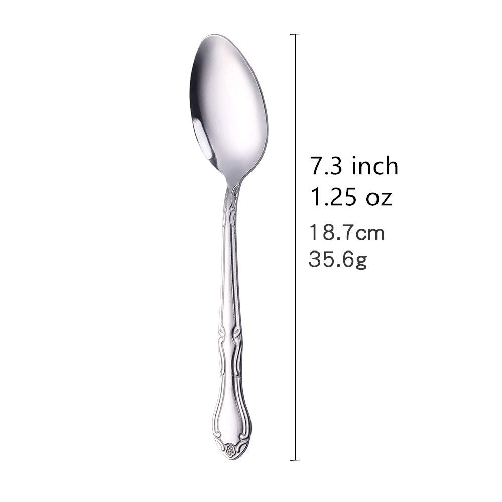 QIBOORUN 12-Piece Stainless Steel Dinner Spoons with Flower Edge, Stainless Steel Dinner Spoons Set, Table Spoon Dessert Spoons for Home, Kitchen or Restaurant - 7.3 Inches, Silver