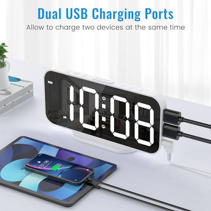 Alarm Clocks for Bedrooms, Slim LED Mirror Digital Alarm Clock, Large Display with Diming Mode, Dual Alarms & USB Ports, 4 Levels Brightness, Modern Decoration for Home Living Room Decor, White