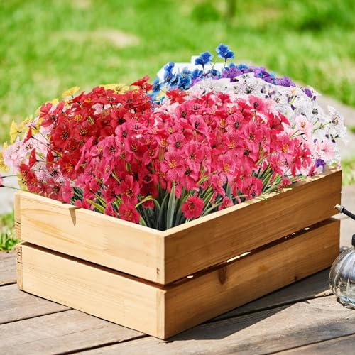 Powbrace 10 Bundles Artificial Flowers Outdoor, Faux Flowers UV Resistant with Plastic Plants, Faux Silk Flowers for Outdoors Outside Front Porch Hanging Planter Window Box Garden Decoration(Rose Red)