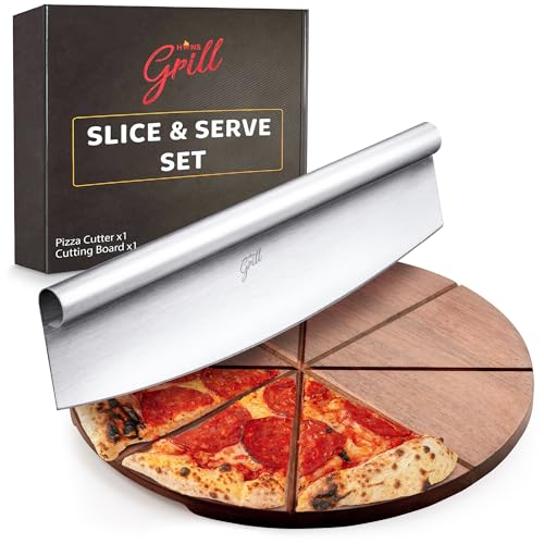 Hans Grill Pizza Cutter and Round Serving Board Gift Set | Professional Stainless Steel Food Slicer with 13.5" Acacia Wooden Board | Perfect for Slicing and Serving Pies, Pizza, Cake and Cheese