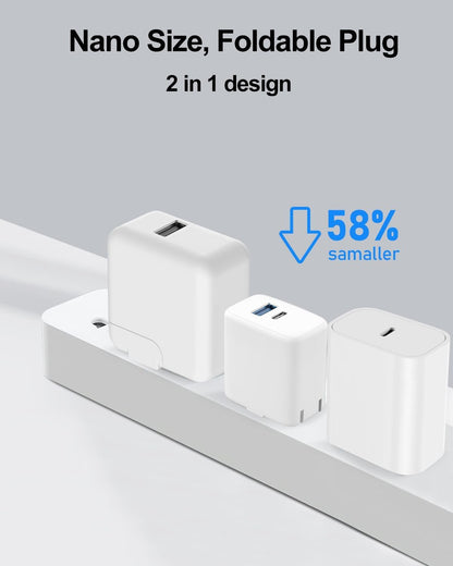 iPhone 15 Charger, 2Pack 20W 2-Port Compact Foldable Fast USB C Charger Block with 10ft USB C to C Charging Cable for iPhone 15/15 Pro/15 Pro Max/15 Plus, iPad Pro/Air, iPad 10