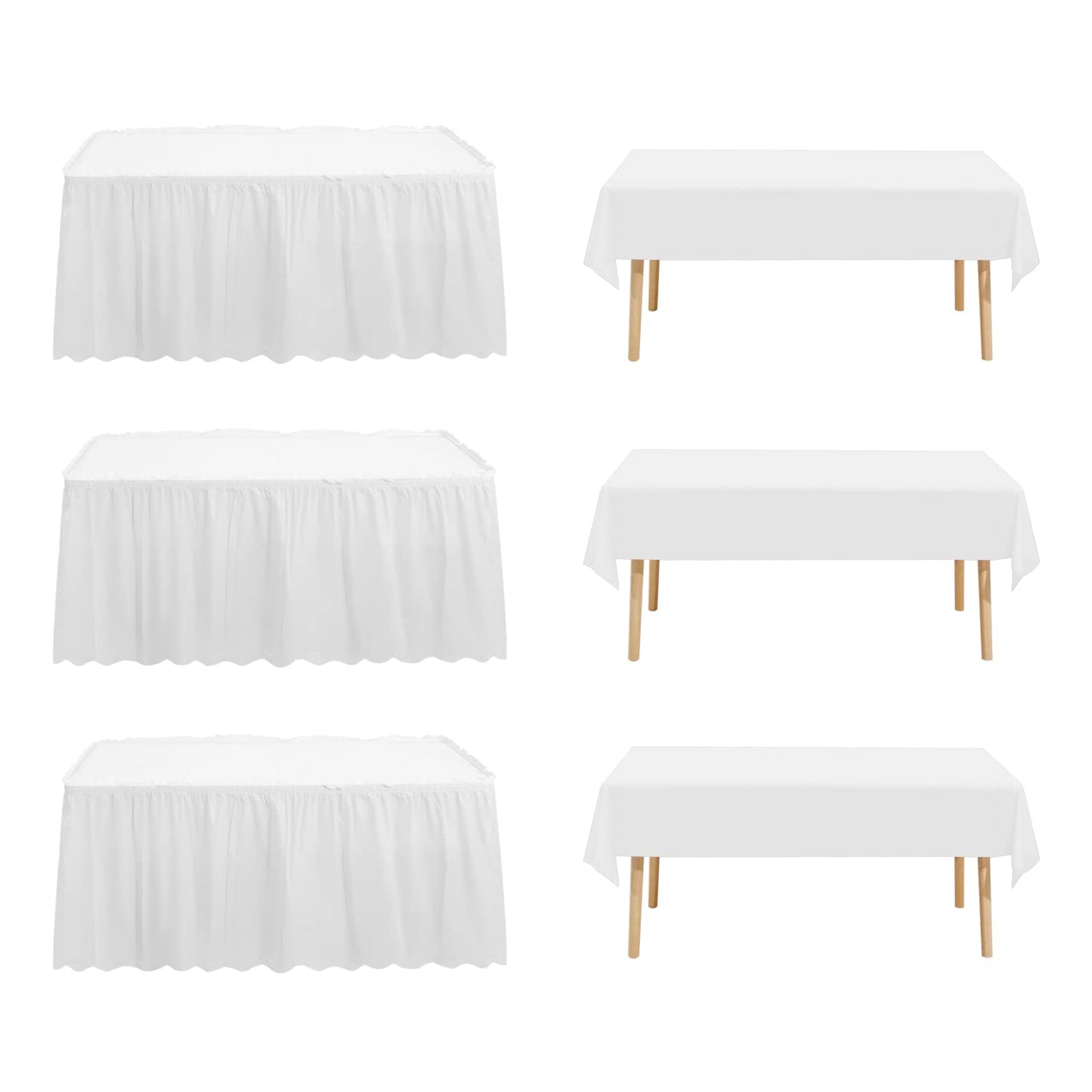 JHDZDHY 3 Packs 54x108inch Plastic Tablecloth and 3 Packs 14FT Plastic Table Skirt,Disposable Rectangle Tablecloth Set Disposable Table Covers for Wedding, Party, Baby Shower (White)