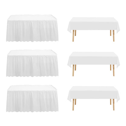 JHDZDHY 3 Packs 54x108inch Plastic Tablecloth and 3 Packs 14FT Plastic Table Skirt,Disposable Rectangle Tablecloth Set Disposable Table Covers for Wedding, Party, Baby Shower (White)