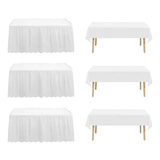 JHDZDHY 3 Packs 54x108inch Plastic Tablecloth and 3 Packs 14FT Plastic Table Skirt,Disposable Rectangle Tablecloth Set Disposable Table Covers for Wedding, Party, Baby Shower (White)