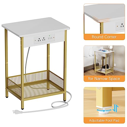 Yenlure Side Table Night Stands End Table with Charging Station Narrow Side Table Living Room Bedroom Small Side Tables for Small Spaces White