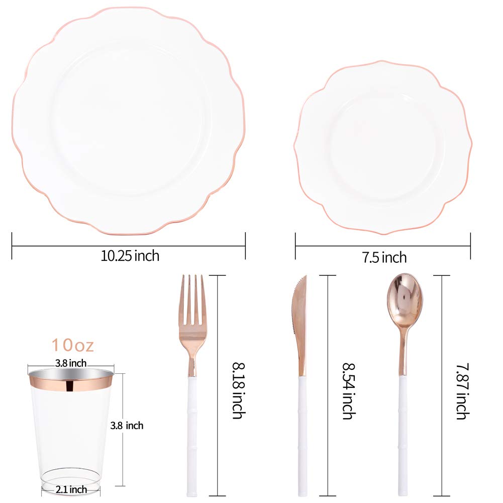 BUCLA 30Guest White And Rose Gold Plastic Plates With Rose Gold Plastic Silverware& Disposable Plastic Cups- Rose Gold Rim Plastic Dinnerware Ideal For Mother's Day, Weddings And Parties