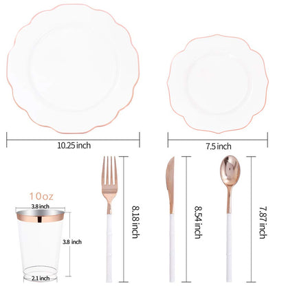 BUCLA 30Guest White And Rose Gold Plastic Plates With Rose Gold Plastic Silverware& Disposable Plastic Cups- Rose Gold Rim Plastic Dinnerware Ideal For Mother's Day, Weddings And Parties