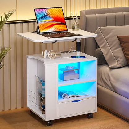 HNEBC LED Nightstand with Wireless Charging Station,White Nightstand Has Adjustable Rotary Table,Bedside Tables with One Drawer and 2 Mezzanines/Infrared Induction 3 Color Lighting (On The Left)