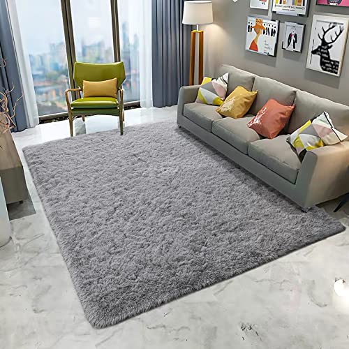 DETUM Grey Rug 6x9 Feet - Fluffy Gray Area Rugs for Bedroom Shaggy 6' X 9' Living Room Rug Soft Rugs for Kids Room Non-Slip Nursery Office Dorm Washable Carpets Home Decor
