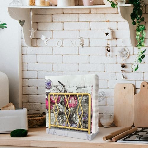 LWSFF Napkin Holder for Table, Elegant Marble Standing Napkin Dispenser for Kitchen Dining Modern Cocktail Picnic Bar, Metal Tissue Holders for kitchen Suitable for All Dining Room Decors Gold