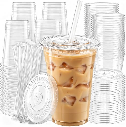 100 Pack 16 oz Disposable Plastic Cups with Lids