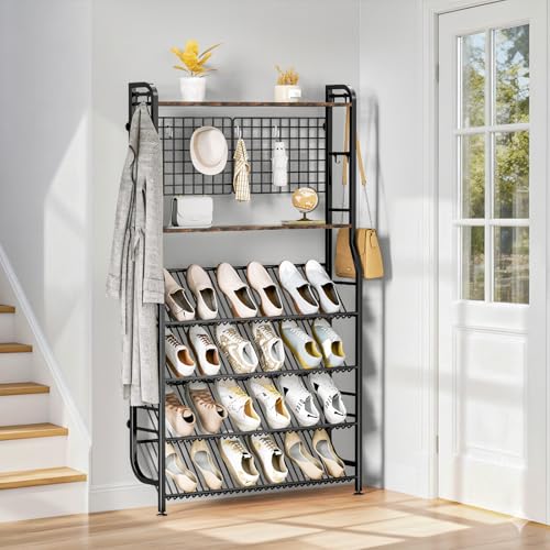 6-Tier Narrow Metal Shoe Rack with Coat Hooks