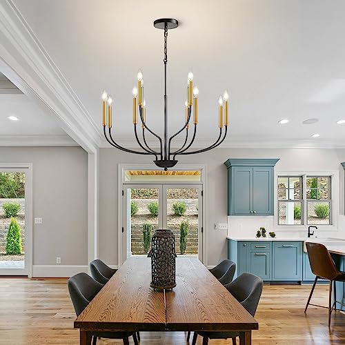 Gris Modern Chandelier, 12-Light Black and Gold Chandeliers Light Fixture, Classic Candle Chandelier for Bedroom, Foyer, Hall, Kitchen, Living Room and Entryway