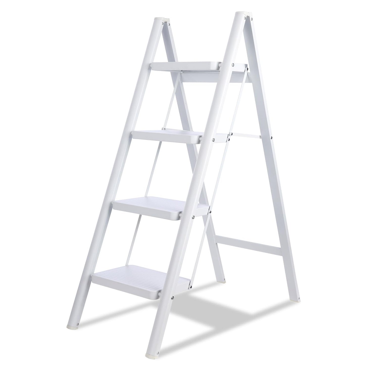 TOOLITIN 4 Step Ladder, Folding Step Stool for Adults with Wide Anti-Slip Pedal, Lightweight, Perfect for Kitchen& Household, Library Office,330lbs Capacity Sturdy Steel Ladder,White