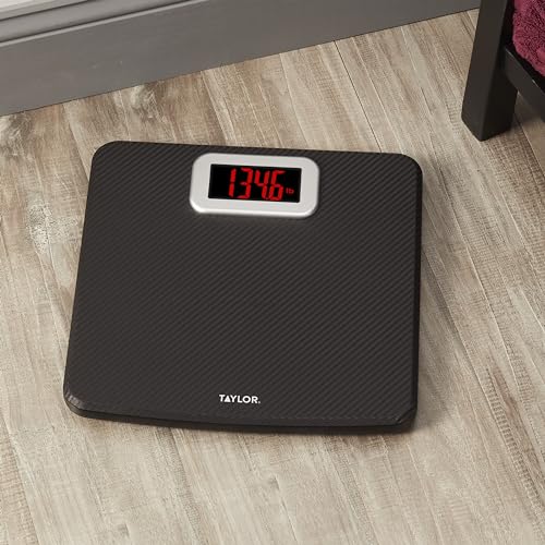 Taylor Digital Scales for Body Weight, High 440 LB Capacity, Carbon Fiber with Anti-slip finish, Readout with Red Digits, Auto On and Off Scale, 11.8 x 11.8 Inches, Black