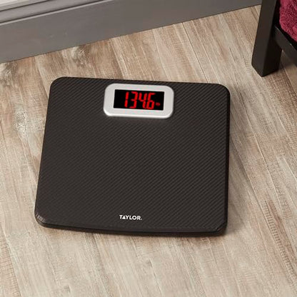 Taylor Digital Scales for Body Weight, High 440 LB Capacity, Carbon Fiber with Anti-slip finish, Readout with Red Digits, Auto On and Off Scale, 11.8 x 11.8 Inches, Black