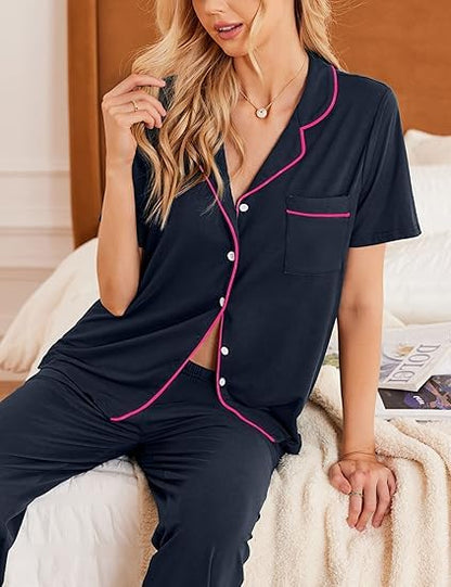 Ekouaer 2 Pack：Women Pajamas Short Sleeve Pj Set Notch Collar Button Up Loungewear Cozy Sleepwear Sets Blue Purple and Deep Pink M