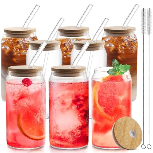 8 Pack 20oz Glass Iced Coffee Cups with Lids
